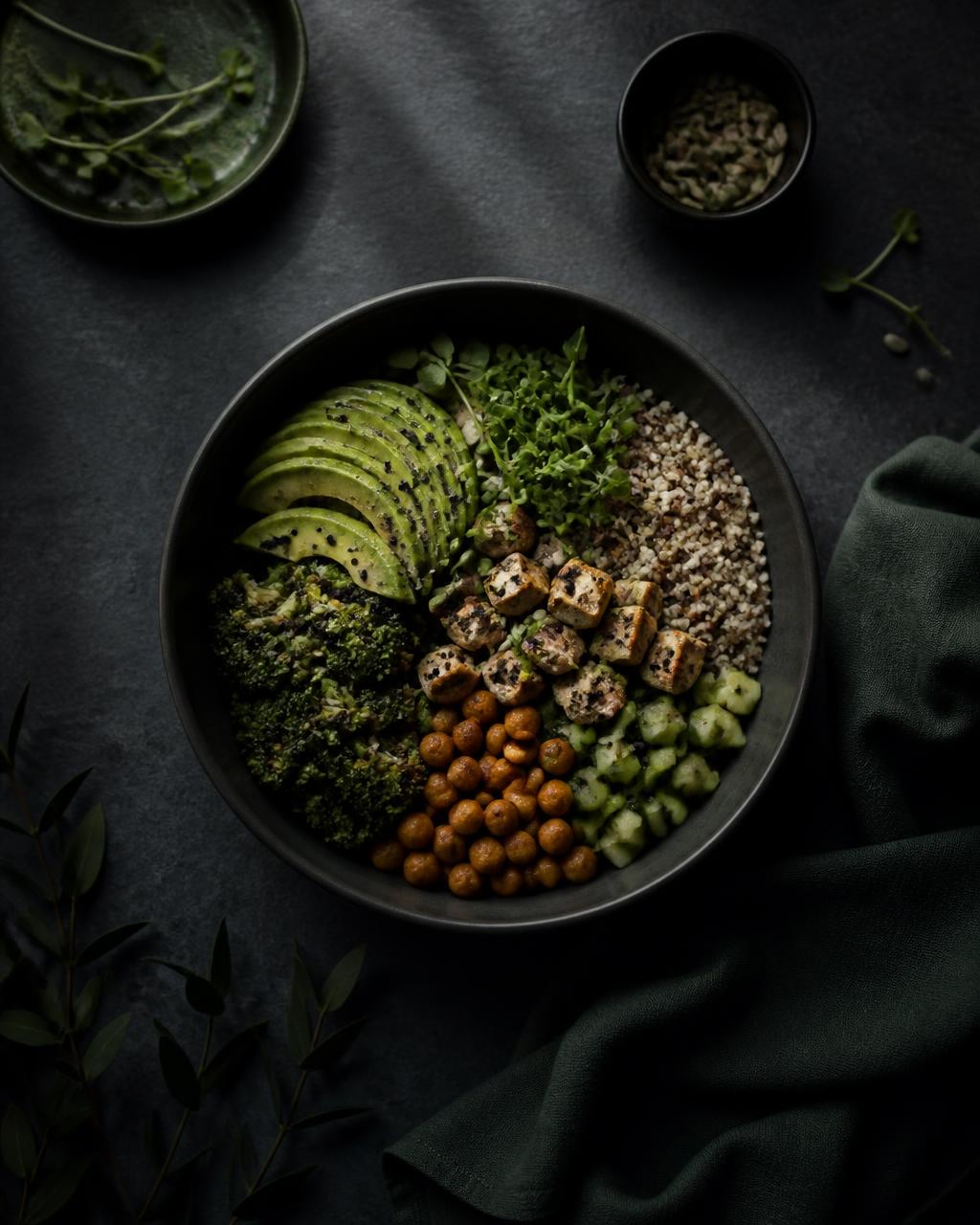 Dark, moody bowl of greens, grains and avocado